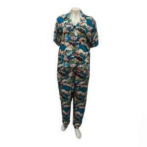 Notations vintage Hawaiian print button down top & pull on pants size LP NWT